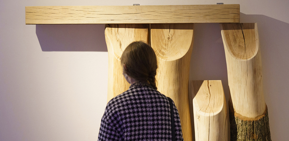 Girl looking at wooden artwork in Solstice Arts Centre