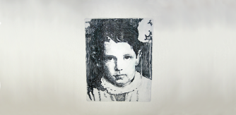 Black & white portrait of artist Vera McGrath as a 5 year old taken in 1966. An old photo reproduced using the monotype printmaking technique.