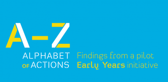 Graphic image with title A-Z Alphabet of Actions in yellow and white on blue background
