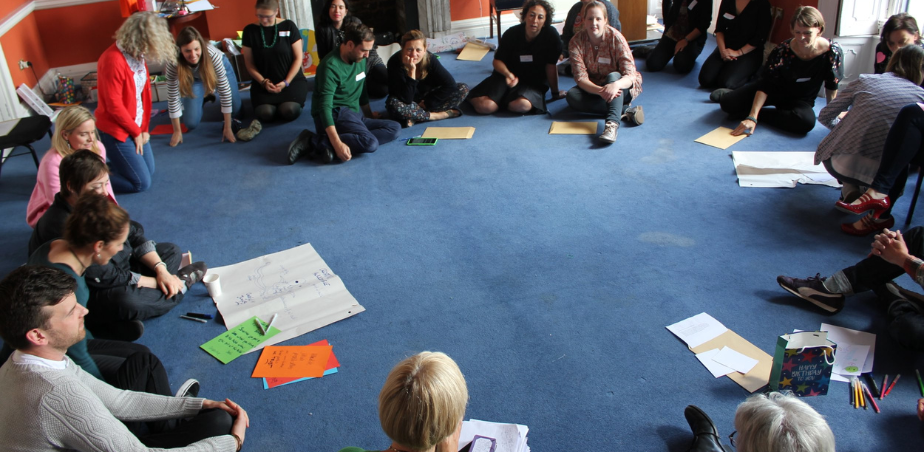 A trainining session for adults sat around on the floor in a circle in a large room