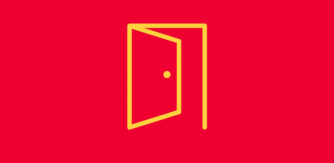 A minimal graphic with yellow open door outline set against a red background