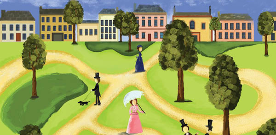 Illustration of a scene from The Importance of Being Earnest of a woman in a pink dress holding an umbrella in a city park walking along a looping path, in the background are a row of town houses at the edge of the park