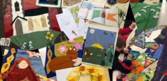 Colourful textile art by primary school pupils displayed on a table