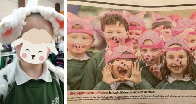 Students from Marino wearing lamb and pig head pieces for parade