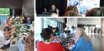 A group of three photos showing creative workshops and audience at a presentation at Portal Regional Day 2025