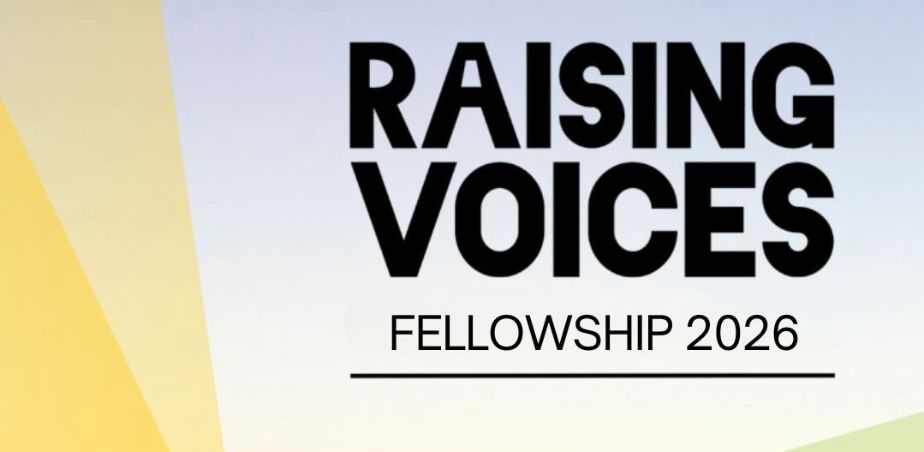 Raising Voices Fellowship 2026 logo on a white and yellow background