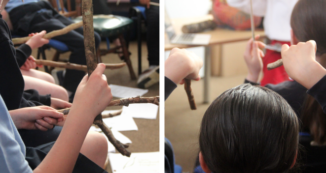 Students from Scoil Mhuire Effin creating sounds with sticks. Little Woodland Heights project
