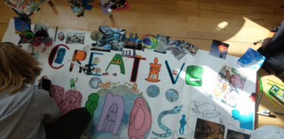 Students from Marino College creating a colourful collage for Creative February