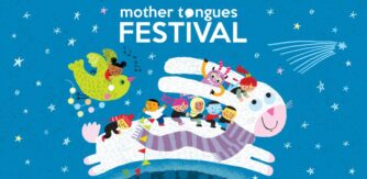 Illustrated poster for Mother Tongues Festival 2026 of a rabbit with children on board its back on a blue background with colourful stars.