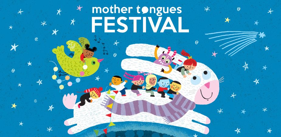 Illustrated poster for Mother Tongues Festival 2026 of a rabbit with children on board its back on a blue background with colourful stars.