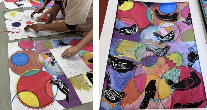 Colourful drawings with circles and bird shapes