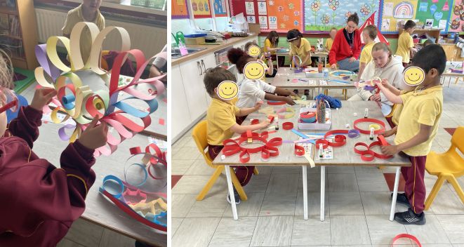 2 photos showing students in a classroom creating from colourful strips of card