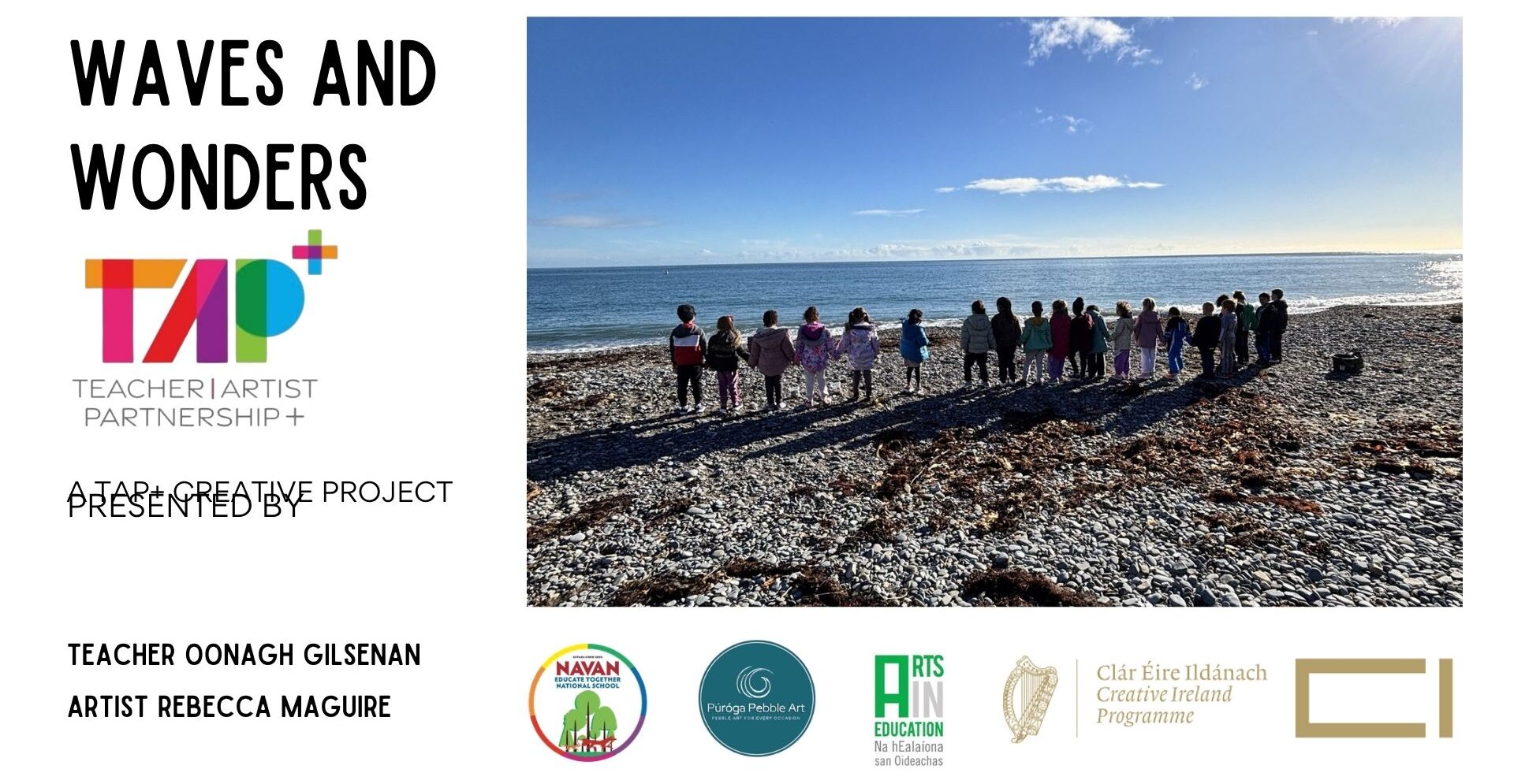 Waves and Wonder - A TAP Creative Project Presentation Slide with photo of children on a beach