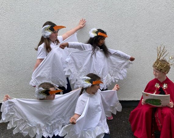 Ms Mulligan's second class dramatising the story of Children of Lir. Ms Mulligan's second class dramatising the story of Children of Lir.