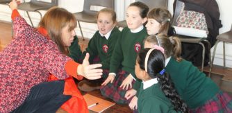 Image copyright TAP – Drama Practitioner Joanna Parkes collaborating with pupils at Sacred Heart Primary School, Portlaoise, Co. Laois as part of a TAP with Teacher Jennifer Buggy.