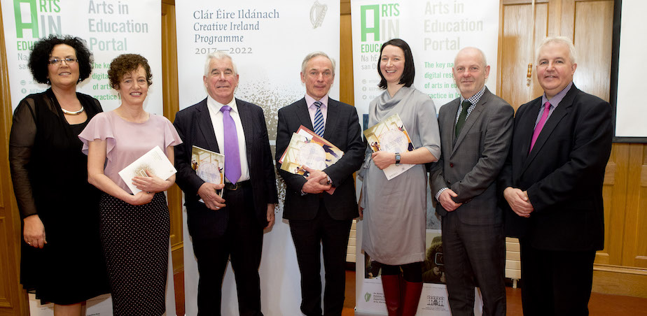 (L-R) Katie Sweeney, National Director for the Integration of the Arts in Education (DES); Dr. Dorothy Morrissey; Professor John Coolahan, Chair of the Arts in Education Charter High-Level Implementation Group; Minister for Education and Skills, Mr. Richard Bruton T.D.; Dr. Ailbhe Kenny; Feargal O Coigligh, Assistant Secretary, Arts Division, Department of Arts, Heritage, Regional, Rural and Gaeltacht Affairs; Gary Ó Donnchadha, Assistant Secretary, CAP Unit, Department of Education and Skills.